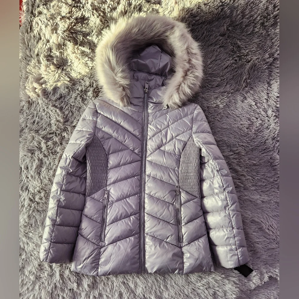 Silver Quilted Puffer Jacket with Faux Fur Hood